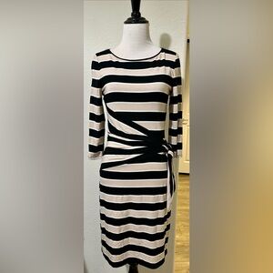 WHBM Black Beige Rayon Blend Stretch Striped Side Knot Sheath Dress Sz 0